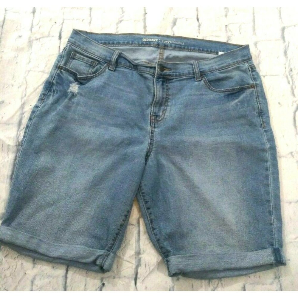 Women's Old Navy Curvy Profile Denim Blue Jean Shorts Size 14 Distressed